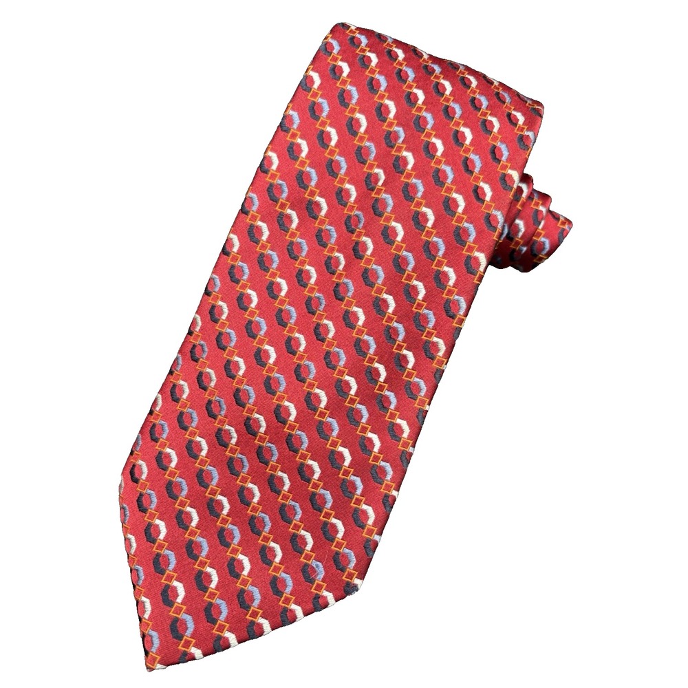 ALLEA MILANO Mens Tie 100% Silk 62" Made ITALY Designer Geometric Red Chains GUC
